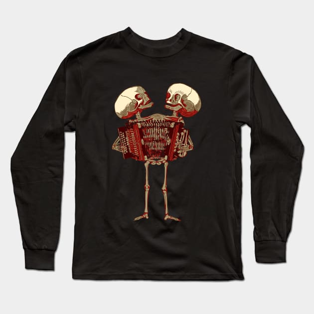 Siamese Twins Skeleton Playing The Accordion Long Sleeve T-Shirt by blackjackdavey